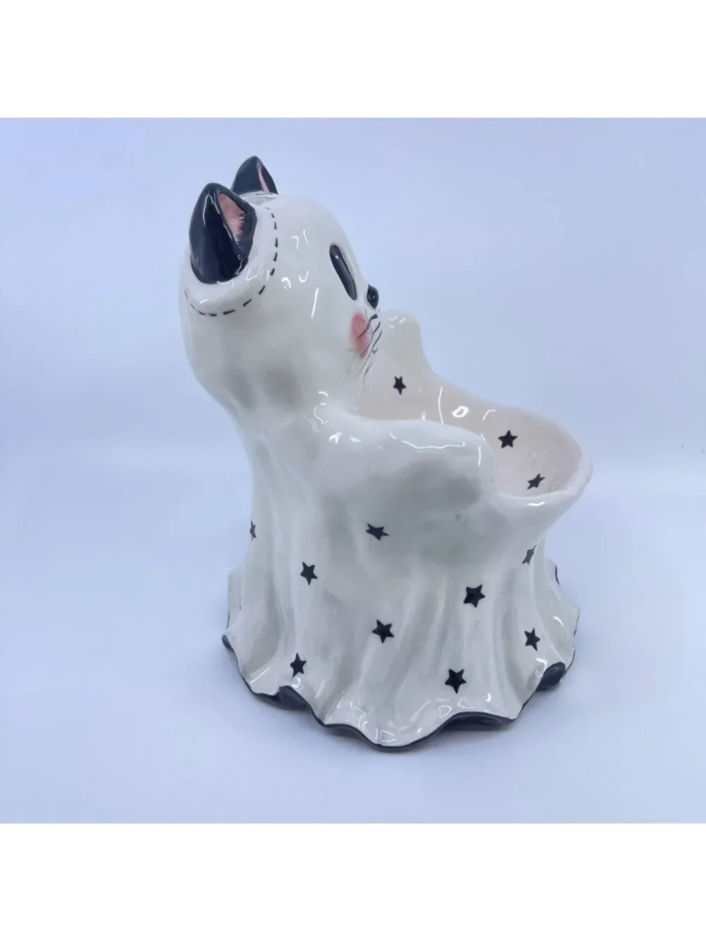 blue sky clay works ghost cat ceramic pedestal bowl happy meowlloween inscriptio